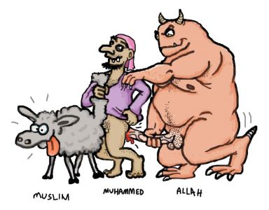 Muhammad being sexual with a demon and a sheep.