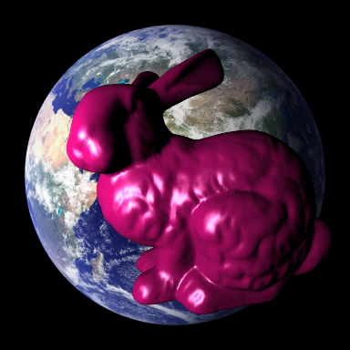 A large, shiny, pink, Stanford Bunny, floating in front of the Earth.